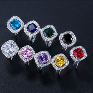 SEQUITO Delicate Silver Plating Hollow Finger Ring Big Square Multicolor ZC Zirconia Stones Inlaid Simple Style Women Daily Gathering Jewelry for Korean Fashion SR132