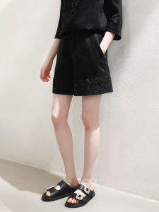 Miccbeirn | Pure Linen Sequin Embroidered Casual Shorts Retro Elastic Waist Simple Versatile Womens Pants Drapey Straight Wide Leg Pants