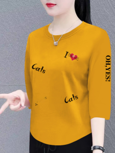 Pure ผ้าฝ้าย ลำลอง หลวม เสื้อยืดแขนเจ็ดจุดพอดีคอกลม ฤดูร้อน ใหม่ สไตล์เกาหลี ผู้หญิง เสื้อท่อนบน พรางหุ่น Effect