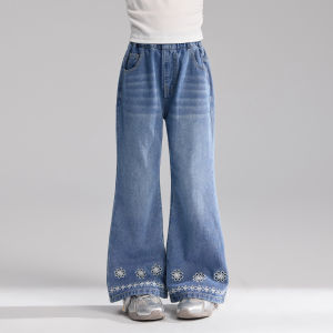 iplant | Quần Jeans Dáng Chuông Có Thêu Hoa Cuffs Cho Bé Gái