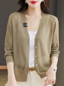 Ice ผ้าไหม ผ้าคลุมไหล่ คาร์ดิเกน ผู้หญิง ฤดูร้อน 2024 คอวีถักน้ําหนักเบาป้องกันแสงแดดปกคลุม หลวม ชุดทํางานแขนยาวพอดี