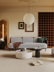 Designer Cotton Linen Sofa Middle Ancient Style Living Room Luxury Small Size Checkered Straight Row Sofa Quality Luxury Type