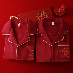 Red Pajamas Couple Winter Island Velvet Fleece-lined Thickened Household Clothes for Wedding and Wedding Suit Gift Box