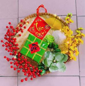 Set mẹt hoa đào đông bánh trưng trang trí lễ Tết