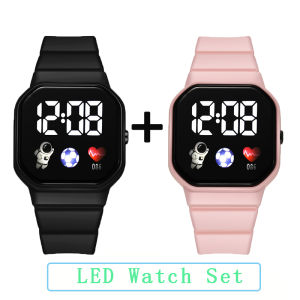 2Pcs/set Kids Watch Students Sports LED Digital Watches Spaceman Silicone Strap Electronic Wristwatch for Children Boys Girls