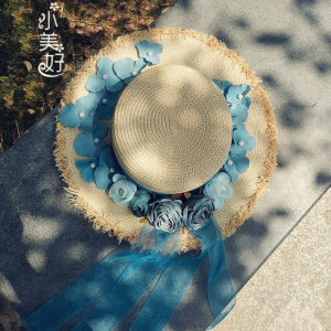 Original Floral Wide Brim Flat Top Straw Hat Summer Fashion Artistic Beach Sunshade Cap Womens Outdoors Travel Hat