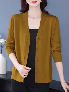 ฤดูใบไม้ผลิ ฤดูใบไม้ร่วง Pure Color Thin ผ้าฝ้าย เสื้อสเวตเตอร์ถัก ผู้หญิง คอวี เปิด คาร์ดิเกน เสื้อแจ๊กเก็ตหลวมแขนสั้น สไตล์เกาหลี เสื้อสเวตเตอร์ เสื้อแจ็คเก็ต