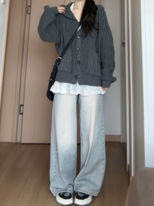 กางเกงยีนส์ทรงหลวมเอวสูงสไตล์ย้อนยุคสไตล์อเมริกันสำหรับผู้หญิง กางเกงขายาวทรงตรงทรงหลวมสำหรับฤดูใบไม้ร่วง