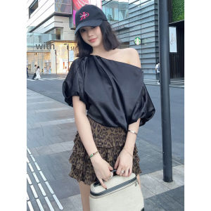 YUEZHONGWEI | Black Satin Bubble Sleeve Off-Shoulder Short Sleeve Blouse