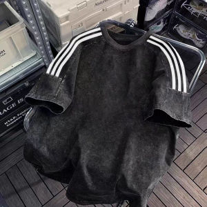 American Retro Short Sleeve Mens T-shirt Summer Trendy Loose High-End Feeling Three Bars Half Sleeve Body Shirt Casual Style Cotton Breathable