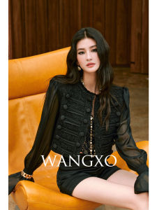 WANGXO | Áo Khoác Ngắn Tay Chuông Chiffon Bán Trong Suốt với Dây Len Lấp Lánh Chất Lượng Cao