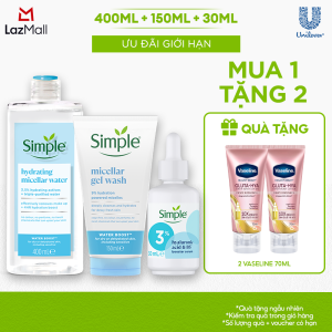 Combo Simple tẩy trang 400ml + sữa rửa mặt 150ml + tinh chất serum 30ml Simple cấp ẩm sâu cho da khô