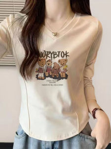 Áo Thun Cotton Tay Dài Cổ Chữ V Mùa Thu Đông Ngắn Mới Thiết Kế Cho Nữ Quần Áo Công Sở Thường Ngày Thời Trang Nữ