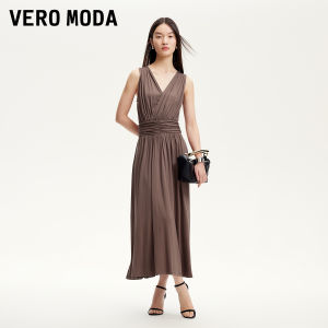 Vero Moda Womens Summer New High Waist A-Line Sleeveless Large V-Neck Pleated Slimming Dress Elegant Style City Commute