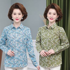 เสื้อเชิ้ตแขนยาวผ้าฝ้ายแท้ทรงหลวมสำหรับคุณแม่วัยกลางคน ฤดูใบไม้ผลิและฤดูใบไม้ร่วง สไตล์ชนบท ลายดอกไม้ เสื้อคาร์ดิแกนบาง