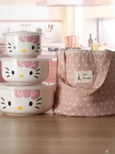 Bộ Bát Tròn Gốm Hellokitty Ba Hộp Cơm Trưa An Toàn Cho Lò Vi Sóng Bát Salad Có Nắp Đậy Và Túi Giữ Tươi Hộp Đựng