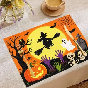 Bộ Thảm Trải Bàn Halloween VIKAMA - Phù Thủy Yêu Tinh Ma Bí Ngô Dơi Bia Mộ Nhện Thiết Kế 2/4/6 Miếng Thảm Trải Bàn Ăn Để Trang Trí Tiệc Tùng