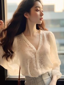 Elegant French Style Womens Shirt Spring 2025 V-neck Lace Top See-through Design Cover Belly Advanced Sense Long Sleeve