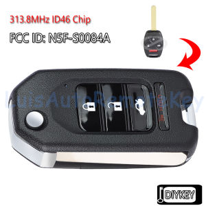 4 Buttons Upgraded Flip Remote Car Key Fob 313.8MHz ID46 Chip for Honda Civic 2006 2007 2008 2009 2010 2011 FCC ID: N5F-S0084A