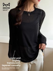 miiow | MiiOW Womens Loose Long Sleeve Round Neck T-Shirt Breathable Slimming Base Shirt Summer New Style Transparent Cover Up Top