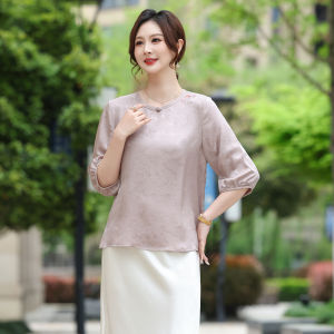 OUSHILU | Traditional Chinese Style Floral Silk Blouse Mid-sleeve Loose Fitting Slim