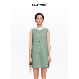Wool Blend Color-blocked Knit Neck Sleeveless Dress