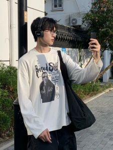 American High Street Heavyweight Pure Cotton Long Sleeve Mens T-shirt Trendy Casual Spring Autumn Loose Versatile Hip Hop Top