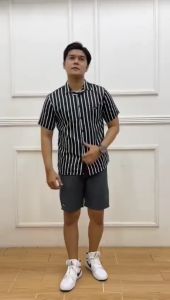 SET Kemeja Salur Garis Garis Pria Lengan pendek dan celana pendek