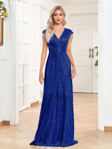 2025 Women Elegant V-neck Mermaid Evening Dress Floor Length Formal Blue Prom Party Gown Sequins Sleeveless Vestidos