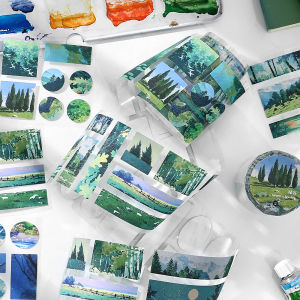 อุปกรณ์ตกแต่งกระดาษม้วน INS Style รูปภาพทิวทัศน์ธรรมชาติ ฟ้า ป่า เข้าชุดกับสีสันสดใส ฟองน้ำอัดกาว กล่องของเล่น