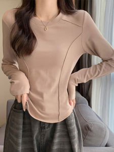 YIFANSHI | Kaki Color Fishbone Long Sleeve T-shirt Slim Fit Versatile Basic Innerwear Round Collar Shirt