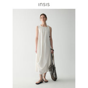 INSIS FEMME | Linen Cotton Summer Vintage Gathered Beads Ties Sleeveless Dress