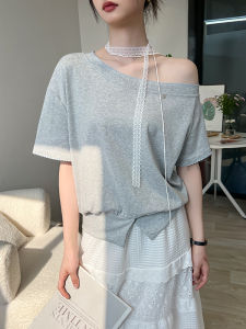 Gray Lace Sash Short Sleeve Womens T-shirt Summer New Style Slim Fit Inner Wear Base Shirt Shoulder Exposure Top Outerwear