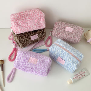 Korean Leopard Print Fashion Winter Plush Pencil Case Student Large Capacity Desktop Storage Stationery Pen Box Girl Makeup Bag