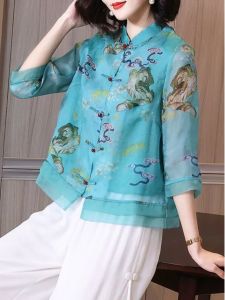 Spring Summer New Style Womens Shirt Large Size Tang Costume Moms Shirt Chiffon Fabric Floral Print Breathable Casual Shirt