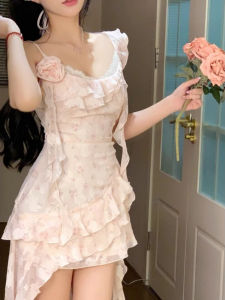 Sugar Sweet Three-Dimensional Flower Stripe Halter Dress Womens Fashion 2025 Summer TextureShort A-Line Skirt Gown