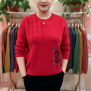 Fashionable round Neck Knitwear Loose Long Sleeve Womens Base Shirt Autumn New Style for Middle-Aged Mothers Slimming Effect