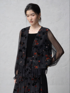 Flocked Jacquard Blouse Cardigan Chinese Style Loosely Tied