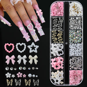 12Grids 3D Mixed Bowknot Flower Butterfly Nail Charms Simulation Pearl Star Love Rhinestone Nails Decorations Y2K Manicure Parts