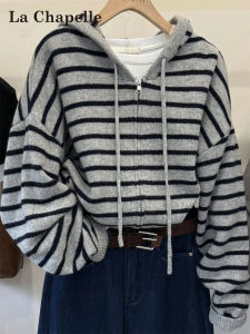 Áo Len Cardigan Dệt Kim Kẻ Sọc Màu Xám La Chapelle Dành Cho Nữ Mùa Thu Đông 2025 Áo Khoác Ngoài Trùm Đầu Rộng Rãi Thoải Mái