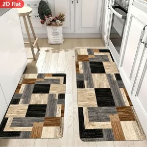 VIKAMA Modern Farmhouse Kitchen Mat Wood Grain Square Parquet Print Non Slip Rug Washable Laundry Room Hallway Home Decor
