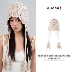 ajidou | Mũ Len Tassel Trắng Ấm Áp