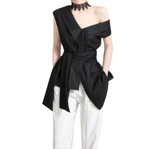 Sleeveless Sashes Tunic Womens Blouses Shirts Summer V Collar Black Khaki Irregular Loose Shirt Tops Casual