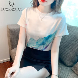 Elegant Short Sleeve Silk T-Shirt Womens Fashionable Beautiful Summer New Arrival Printed Splice Geometric Pattern Ladylike