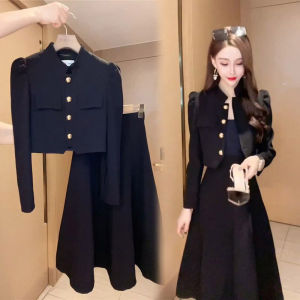 Fashionable High Waist Long Sleeve Set Womens Autumn New Style Little Fragrance Wind Coat And Half Skirt Two Piece Set