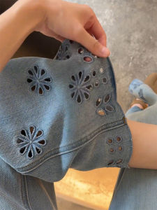 Tencel Embroidered Hollow out Denim Jeans Womens High Waist Slimming Nine-Piece Wide Leg Pants Fall New Style plus Size Pear Shaped Body