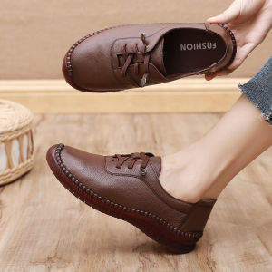 Comfortable Wide Foot Womens Leather Shoes with Rope Bottom Flat Bottom Casual Shoes Mom Shoes Soft Sole Slip-On round Toe
