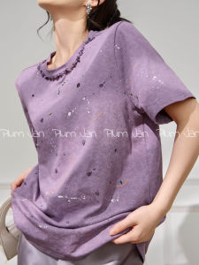 PlumJan | Beautiful Elegant Short Sleeve T-Shirt Purple Graffiti Niche Design Beading