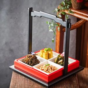 Creative Dining Utensils Wind Red Black Square Plate with Handle Four Grids Cold Dish Snack Plate Tea Time Ceramic Tray