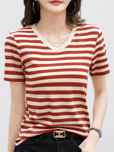 Slim Fit Striped V-Neck Short Sleeve T-Shirt Womens Fashionable Korean Style Summer Top Polyester Cotton Spandex Blend